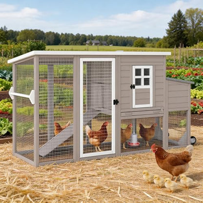 PetsCosset 75" Wooden Chicken Coop with Run and Wheels for 1–4 Chickens, Backyard Hen House with Nesting Box, Removable Tray, Ramp & Weather-Resistant Roof, Grey - color: Chicken Coop large-Grey, size: 75.0"L x 26.0"W x 39.0"H