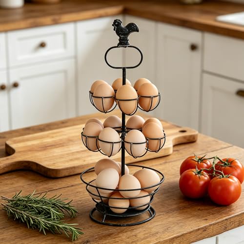 Vintage 2-Tier Metal Egg Holder Stand with Rooster Top Decor, Farmhouse Egg Storage Rack with Bottom Basket, Rustic Kitchen Countertop Organizer for Fresh Eggs (Distressed Black) - color: Distressed Black - 2-Tier