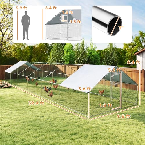 PawHut 39' x 10' x 6.4' Large Chicken Coop Metal Chicken Run for Chickens with 420D Waterproof and Anti-UV Cover, Spire Shaped Walk in Fence Cage Hen House for Outdoor and Yard Farm Use, 1" Dia - size: 472.4"L x 118.1"W x 76.8"H
