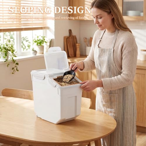 55 lbs Wheeled Airtight Storage Bin, Large Silicone Seal Dry Organizer, Leakproof Holder for Grain, Rice, Flour, Pet Supplies, Kitchen & Pantry Use White - color: White