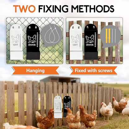 2Pack Chicken Grit and Oyster Shell Feeder, Poultry Feeder with Visual Window, No-Mess Weatherproof, Metal Hanging Gravity Chicken Feeder, Chicken Coop Accessories (Combo-Black/White) - color: Combo-Black/White