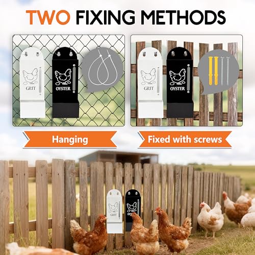 2Pack Chicken Grit and Oyster Shell Feeder, Poultry Feeder with Visual Window, No-Mess Weatherproof, Metal Hanging Gravity Chicken Feeder, Chicken Coop Accessories (Combo-Black/White) - color: Combo-Black/White