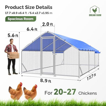 Sino Luban Large Metal Chicken Coop Run with Galvanized Hardware Cloth for 30 Chickens/Ducks, Chicken Runs for Yard with Waterproof Cover, Chicken Enclosure Pen Outdoor, Walk-in Poultry Cage - size: 212.6"L x 106.3"W x 76.8"H