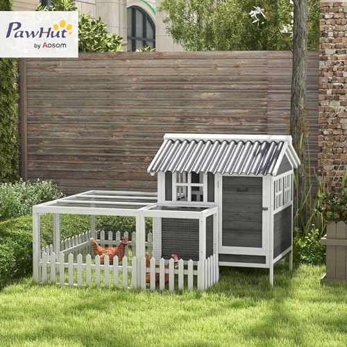 PawHut Wooden Chicken Coop with Run for 1-2 Chickens, Hen House with Nesting Box, Removable Tray, Fence, Outdoor Poultry Cage, 68" x 59" x 42", Gray