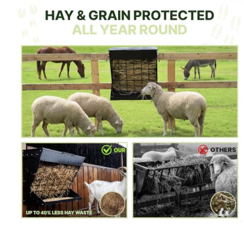 Wall Mount Hay Feeder for Goats, Covered Feeder for Horses with Roof, 2in1 25 Gallon hay Rack & Grain, Hanging Hook on Fence Mount, Galvanized Steel Goat hay Feeder for Sheep Cattle - Black