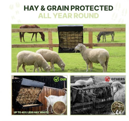 Wall Mount Hay Feeder for Goats, Covered Feeder for Horses with Roof, 2in1 25 Gallon hay Rack & Grain, Hanging Hook on Fence Mount, Galvanized Steel Goat hay Feeder for Sheep Cattle - Black