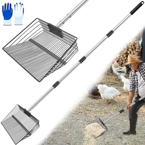 15 inch Large Chicken Poop Scooper for Poop With Glove 4 in 1 Multi-Func Heavy Duty Metal 25 to 74” Long Handle Chicken Coop Scoop Scooper for Sand Sifting Shovel for Chicken Coop Rake Cleaning Tools