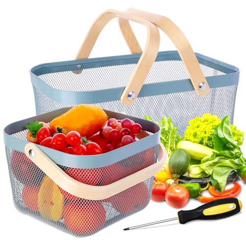 2 Pack Garden Harvest Basket, Metal Mesh Wire Picnic Basket with Handle, Rectangle Garden Baskets for Gathering Vegetables, Fruits, Kitchen, Home Cabinet Closet and Office(Blue) - color: Blue