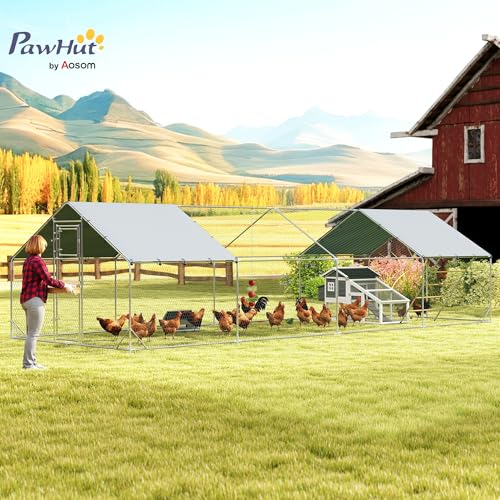 PawHut Large Metal Chicken Coop, Walk in Chicken Run with Waterproof & Anti-UV Cover, Feeding Door, Hanging Feeder, Perch, Outdoor Duck Cage Rabbit Hutch Pen, for 24-30 Poultries, 9.8' x 26.2' x 6.4' - size: 315.0"L x 118.1"W x 76.8"H