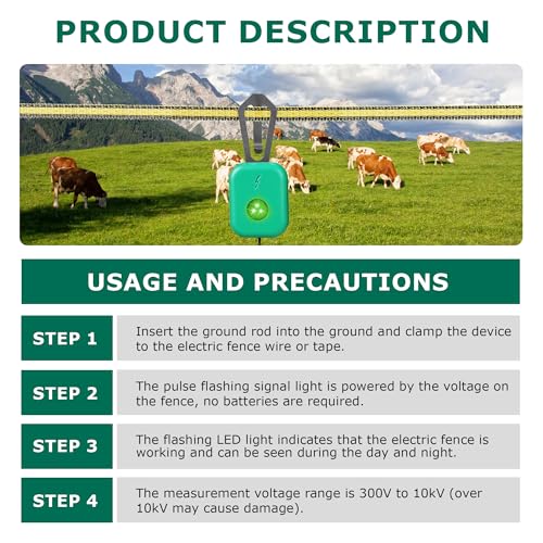 Electric Fence Tester with LED Indicator Lights - 300V to 10kV Range | Detects Energizer Pulses | Clips to Wire or Tape Fences - style: 1 Pack