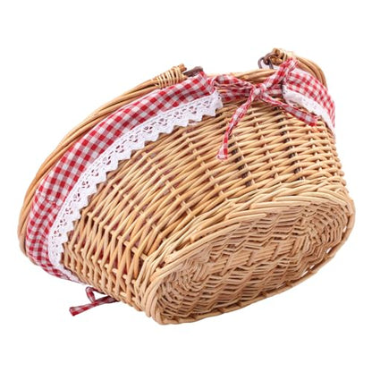 2 Pack 12.6 Inch Natural Wicker Basket with Checkered Lining, Oval Wicker Woven Basket with Handle, Willow Woven Picnic Baskets for Picnic, Camping, Party(Small) - size: 2 Pack 12.6in Natural(Round willow)