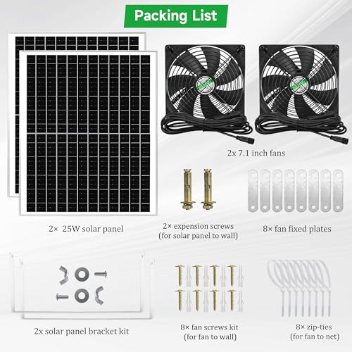 blessny 7.1" Solar 2 Fan Kit for Intake or Exhaust air, Weatherproofed 50W Solar Powered Fans for Outside Chicken Coops, Greenhouses, Shed, Pet House Air Ventilation - size: 7.1" 2 Fan Kit