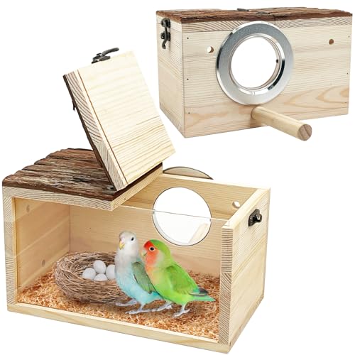 Tfwadmx Parakeet Nesting Box - Wooden Parrot Nest for Cockatiel, Lovebirds, Budgie, Conure - Acrylic Transparent Bird House With Perch for Breeding
