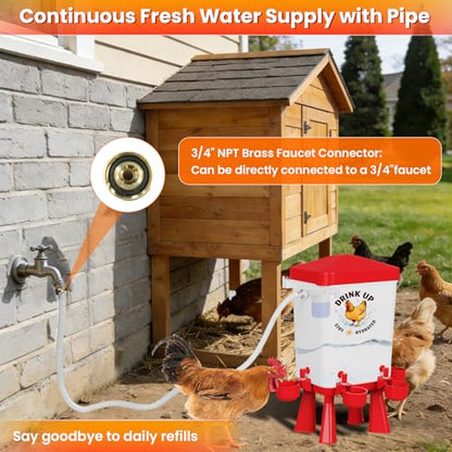 3 Gallon Chicken Feeder and Waterer Set, Large Chick Water with Automatic Float Valve, No Waste Poultry Feeding and Watering System, 4 Cups & 3 Ports, Chicken Coop Accessories for Pigeons Quail, Red