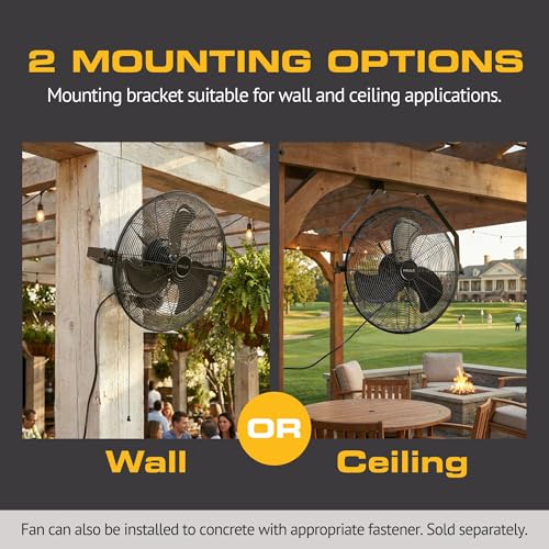 MULE 20 Inch Wet-Rated Outdoor Wall Fan XL, Plug-In Mount with Adjustable Omni-Reach Arm and 3-Speed Quiet Motor, Matte Black