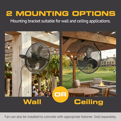 MULE 20 Inch Wet-Rated Outdoor Wall Fan XL, Plug-In Mount with Adjustable Omni-Reach Arm and 3-Speed Quiet Motor, Matte Black