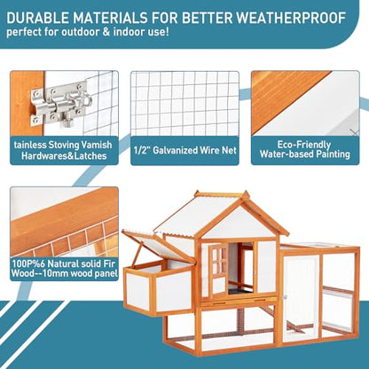 Wooden Chicken Coop & Rabbit Hutch – Portable Hen House for 4-6 Chickens with 5 Access Doors, Nesting Box, Removable Tray, & PVC Roof, Backyard Chicken House for Rabbits, Ducks, Cats, Guinea Pigs