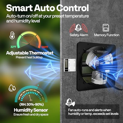 VIVOHOME 14" Shutter Exhaust Fan with EC Motor – 1700 CFM with Thermostat, Variable Speed, Timer, Wall-Mounted for Attic, Garage, Greenhouse, Chicken Coop, Barn Ventilation - size: 14"