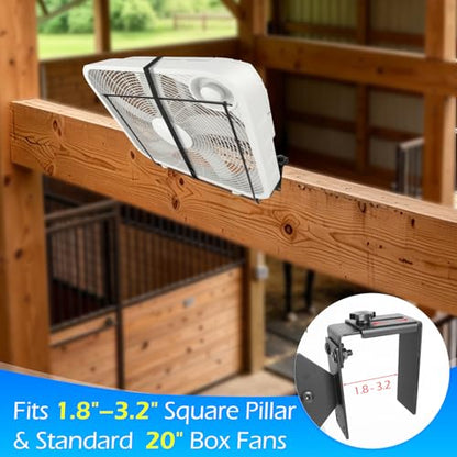 Box Fan Holder for Horse Stall, Adjustable Angle Fan Wall Mount Bracket, 2-in-1 Clamp & Wall Mount Design, Fits 20" Box Fan, Heavy Duty Steel Fan Holder for Barn, Coop, Garage (Fan Not Included)