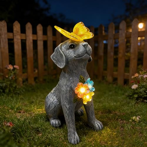 Dog Garden Statue Solar Butterfly, Dogs Figurines with Lantern Outdoor Patio Yard Decor Ideal Birthday Housewarming Gifts ,Dad Mom Grandma Dog Lovers, Beautifully Crafted Decorations to Wow Guests - style: grey dog