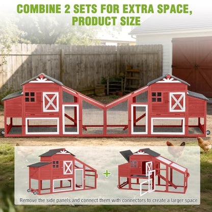 GUTINNEEN Chicken Coop with Wheels for 2-4 Chickens, Large Wooden Outdoor Hen House with Run, Waterproof & UV-Resistant Roof, Removable Leakproof Tray and Divided Nesting Box– Red - color: (Red-AIR32)