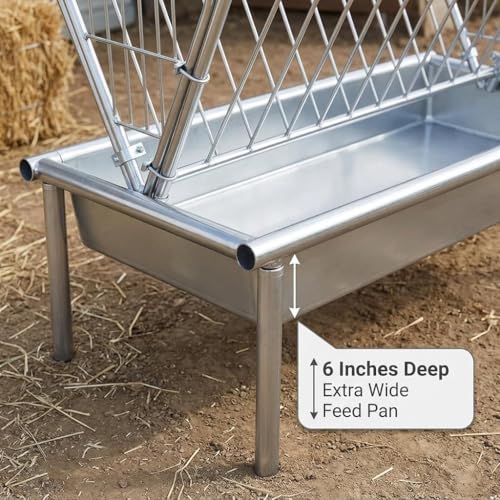 Galvanized Steel Hay Feeder, 2 in 1 Outdoor Livestock Feeder with Extra Wide Feed Pan, Durable Pasture Feeder for Goats Sheep Horses Calves Cows Ponies