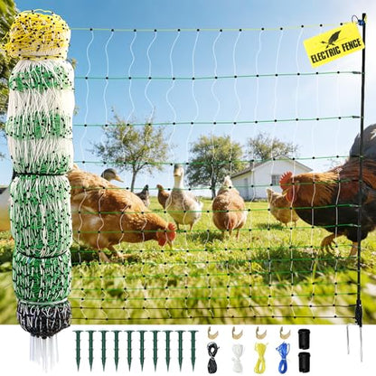 Electric Fence Netting, 47.2" H x 164'L Electric Chicken Fence, Portable Chicken Fence with Double Spiked Fiberglass Posts for Chickens, Ducks,Turkeys, Sheep, Geese in Yard, Farms,Backyards, Garden