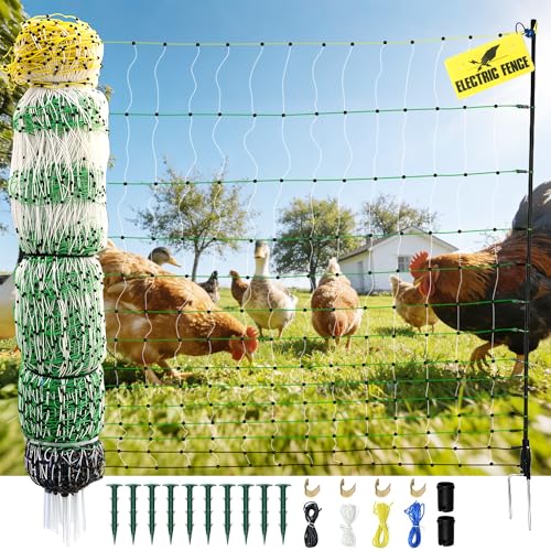 Electric Fence Netting, 47.2" H x 164'L Electric Chicken Fence, Portable Chicken Fence with Double Spiked Fiberglass Posts for Chickens, Ducks,Turkeys, Sheep, Geese in Yard, Farms,Backyards, Garden
