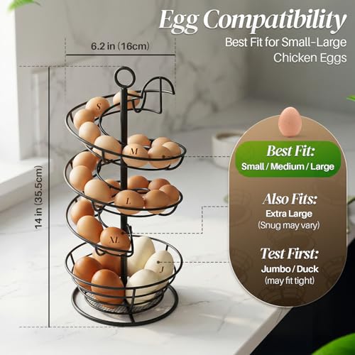 Flexzion Metal Egg Skelter Countertop Egg Holder - Sturdy Black Spiral Egg Holder with Bottom Basket and 360-Degree Rotatable Middle Pole Up to 36-Egg Capacity, Egg Storage Rack Solution - color: Black, size: Large Skelter