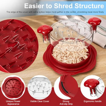 Premium Large Chicken Shredder Tool with Suction Base 2026 – Twist Meat Shredder with Ergonomic Handle & Anti-Slip Grip – Transparent Lid for Easy Shredding Chicken & Beef (Red) - color: Red-