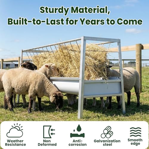 2-in-1 Livestock Hay Feeder & Grain Trough, 98 Gallon Large Capacity, 59 Inch Free-Standing Goat Hay Feeder, Heavy Duty Galvanized Steel, Weather Resistant, Multi-Sided Access, Outdoor Pasture Barn