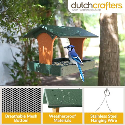 DutchCrafters Plastic Poly Covered Roof Hanging Fly Through Bird Feeder Open Side Platform Seed Tray for Outside Outdoor Garden - Amish American Made in USA (Turf Green & Cedar) - color: Turf Green & Cedar