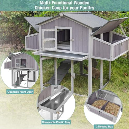 Chicken Coop Outdoor Super Easy to Assemble Large Hen House Wooden Poultry Cage with Nesting Box and Run (Grey) - color: Grey, size: 69.8"L x 42.0"W x 54.6"H