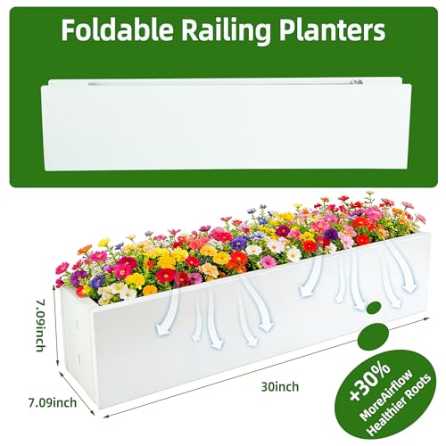 2 Pack Metal Railing Planter Box, 30 Inch Balcony Planters with Adjustable Brackets, Large Hanging Planters for Outdoor Fence Deck - color: White 2pcs