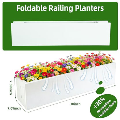 2 Pack Metal Railing Planter Box, 30 Inch Balcony Planters with Adjustable Brackets, Large Hanging Planters for Outdoor Fence Deck - color: White 2pcs