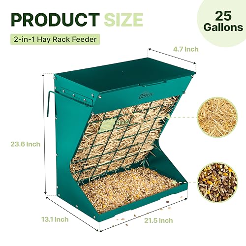 Wall Mount Hay Rack And Hay Feeder For Goats Sheep And Horses, Covered Galvanized Steel Goat Hay Feeder With Hinged Roof, 25 Gallon 2-In-1 No Waste Hanging Holder Grain Bin with hook For Cattle - color: Green