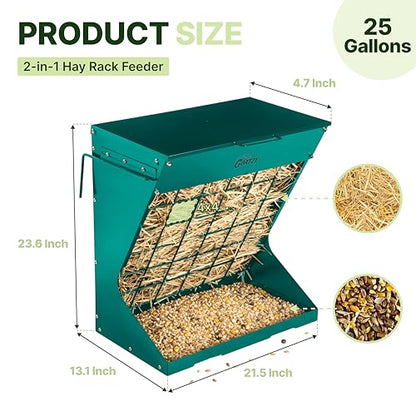 Wall Mount Hay Rack And Hay Feeder For Goats Sheep And Horses, Covered Galvanized Steel Goat Hay Feeder With Hinged Roof, 25 Gallon 2-In-1 No Waste Hanging Holder Grain Bin with hook For Cattle - color: Green
