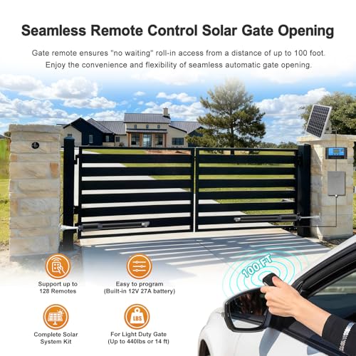 C01-L Solar Gate Openers with Batteries & Solar Panel for Dual Swing Gate Up to 14ft Long or 440lb Per Arm, Automatic Gate Openers for Driveway Dual Swing Gate with Long-Range Gate Opener Remote - size: Solar Dual Swing Gate Opener