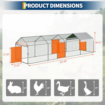 Metal Chicken Coop with Cover, Metal Chicken Run with 4 Doors, Chicken Runs for Yard, Poultry Cage for Rabbit Duck Goose, Silver, 160" x40" x40" - color: silver