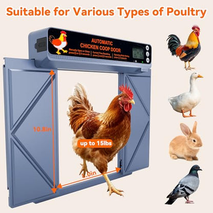 Large Automatic Chicken Coop Door Solar Powered, Anti-Pinch Auto Chicken Door with Timer, Light Sensor, LCD Display Solar Chicken Coop Automatic Door with Range 50M Remote Control