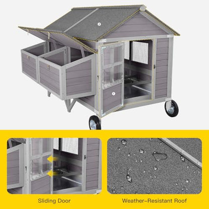Aivituvin Chicken Coop Large Mobile Wooden Hen House with Nesting Box, Poultry Cage with Strong Iron Frame, Waterproof (Grey, AIR97) - color: Grey, size: 68.1"L x 53.9"W x 49.0"H