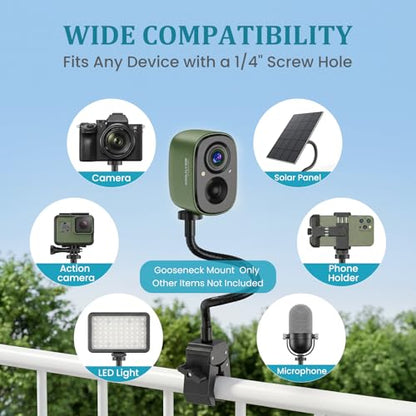 Gooseneck Clamp Camera Mount with 1/4" Screw, Clip Mounts for Handlebar, Desk, Tube, Cross Bar, Flexible 30cm Gooseneck Arm, Compatible with Go Pro, Ring, Google Nest, Wyze, and Arlo - size: 11.8"