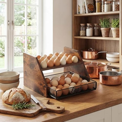 LemonRoad Wooden Egg Holder Fresh Egg Holders with Wire Basket Organizer for Countertop 24+60 Eggs Rustic Kitchen Organizer Basket for Gathering Fresh Chicken/Duck/Quail/Turkey Eggs(Brown)