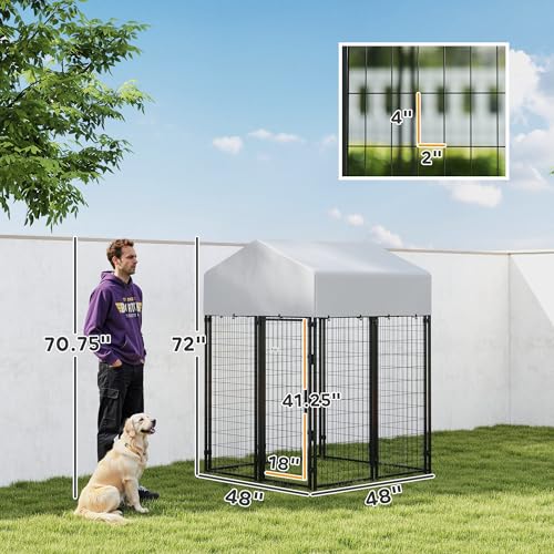 PawHut Outdoor Dog Kennel with Roof, 4' x 4' x 6' Heavy Duty Welded Wire Dog Playpen Enclosure with Escape-Proof Lock, UV-Resistant & Waterproof Cover, for Medium Dogs, Chickens, Ducks, Silver - size: 48" L x 48" W x 72" H, style: Single Room