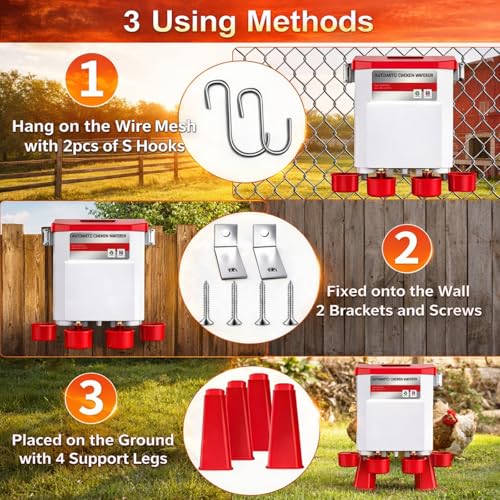 2 Gallon Automatic Chicken Waterer with Float Control, Hanging & Standing Poultry Water Feeder for Chickens, Ducks, Quail, Connect to 3/4'' Faucet & Hose, Easy Installation & Reliable Supply (Red)