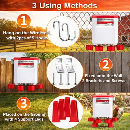 2 Gallon Automatic Chicken Waterer with Float Control, Hanging & Standing Poultry Water Feeder for Chickens, Ducks, Quail, Connect to 3/4'' Faucet & Hose, Easy Installation & Reliable Supply (Red)