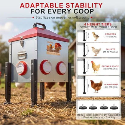 Automatic Chicken Feeder, 40LB Large Chicken Feeder with 6 Feeding Ports, No Waste Metal Poultry Feeder, Rat Proof Design, View Window, Height-Adjustable Legs for Ducks, Geese & Chickens - size: 6 Ports - Max 40 lb