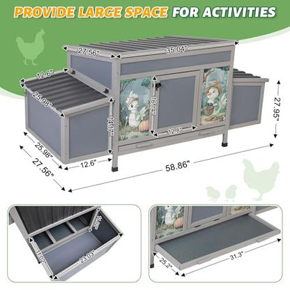 COZIWOW Chicken Coop with Nesting Boxes, 59'' Large Outdoor Poultry Hutch with 2 Perches, Weatherproof Wooden Hen House with Pull-Out Tray, Chicken Cage for Ducks & Rabbits, Gray