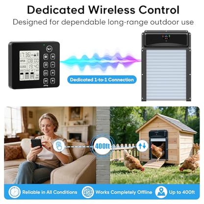 Automatic Chicken Coop Door with Remote Display, Solar Powered Roll-up Chicken Door, 393ft Long-Range Wireless Monitor, Anti-Pinch Auto Coop Door, Predator Protection Motion Sensor, No WiFi Needed