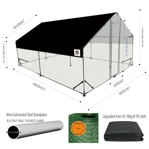 Chicken Runs for Yard with Cover, Metal Chicken Coop, Upgraded Anti-UV 180g/㎡ PE Cloth & 1.1mm Thickened PVC-Coated Hexagonal Chicken Wire Mesh & More Galvanized Steel Standpipes,13.1×9.8×6.4FT - size: 13.1×9.8×6.4FT